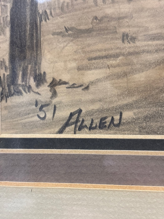 FRAMED WESTERN PENCIL DRAWING OF FOREST PATH AT MOUNTAIN BASE -SIGNED ‘51 ALLEN - AS FOUND
