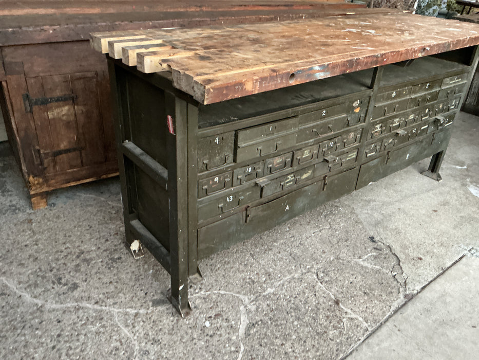 WOOD TOP WORKBENCH WITH METAL BASE AND MULTIPLE DRAWERS