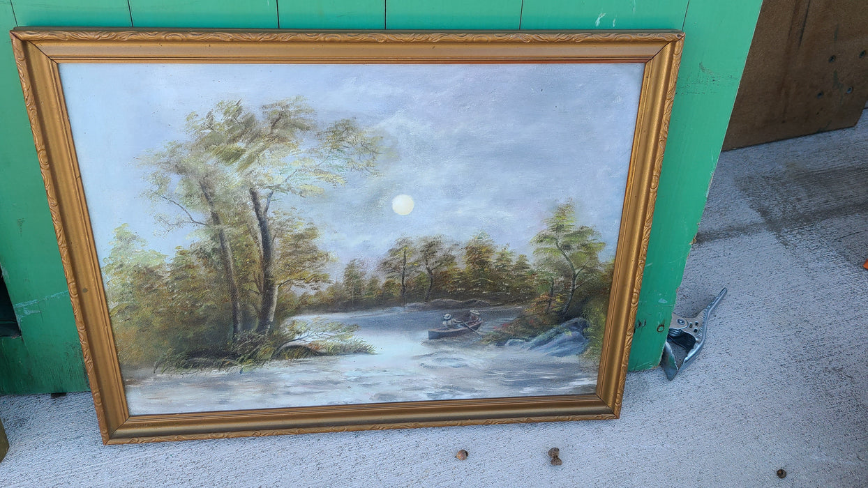 SMALL OIL PAINTING OF A MOONLIT RIVER WITH CANOE