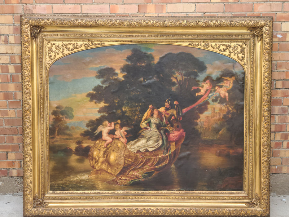 LARGE GILT FRAMED OIL PAINTING OF LOVERS WITH CHERUBS