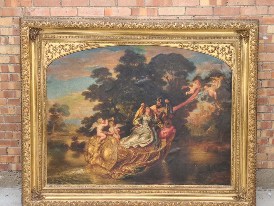 LARGE GILT FRAMED OIL PAINTING OF LOVERS WITH CHERUBS