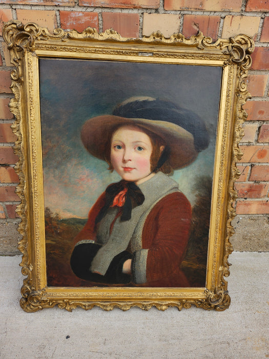 GILT FRAMED 19TH CENTURY OIL PAINTING OF  A YOUNG GIRL IN A GREEN HAT