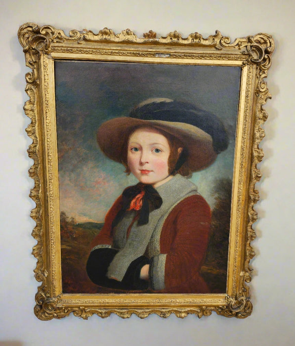 GILT FRAMED 19TH CENTURY OIL PAINTING OF  A YOUNG GIRL IN A GREEN HAT