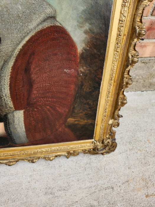 GILT FRAMED 19TH CENTURY OIL PAINTING OF  A YOUNG GIRL IN A GREEN HAT