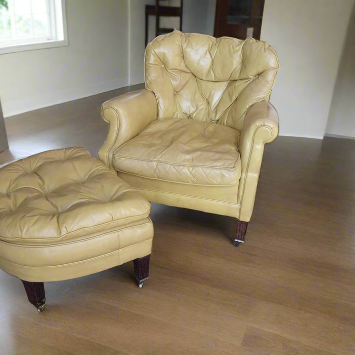 MIDCENTURY YELLOW LEATHER ARMCHAIR WITH OTTOMAN