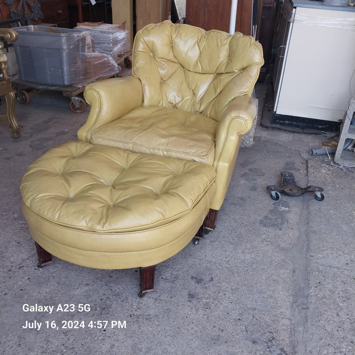 MIDCENTURY YELLOW LEATHER ARMCHAIR WITH OTTOMAN