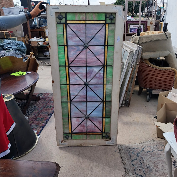 LARGE GREEN AND PURPLE STAINED SLAG GLASS WINDOW OR TRANSOM