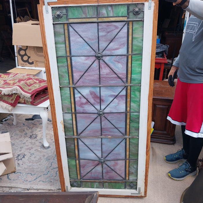 LARGE GREEN AND PURPLE STAINED SLAG GLASS WINDOW OR TRANSOM