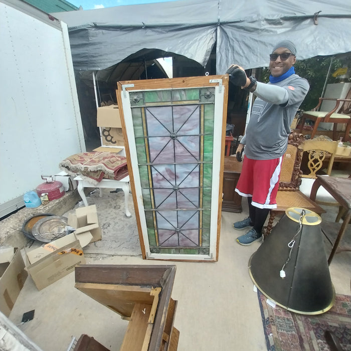 LARGE GREEN AND PURPLE STAINED SLAG GLASS WINDOW OR TRANSOM