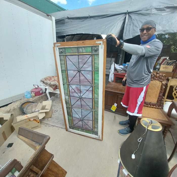 LARGE GREEN AND PURPLE STAINED SLAG GLASS WINDOW OR TRANSOM