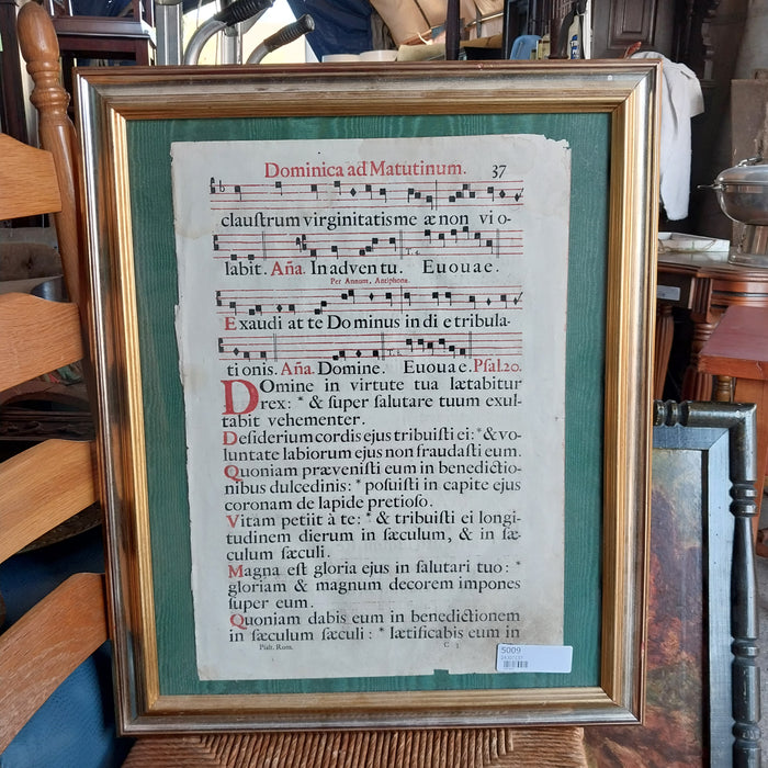 LARGE FRAMED PAGE FROM ANTIQUE MUSIC BOOK