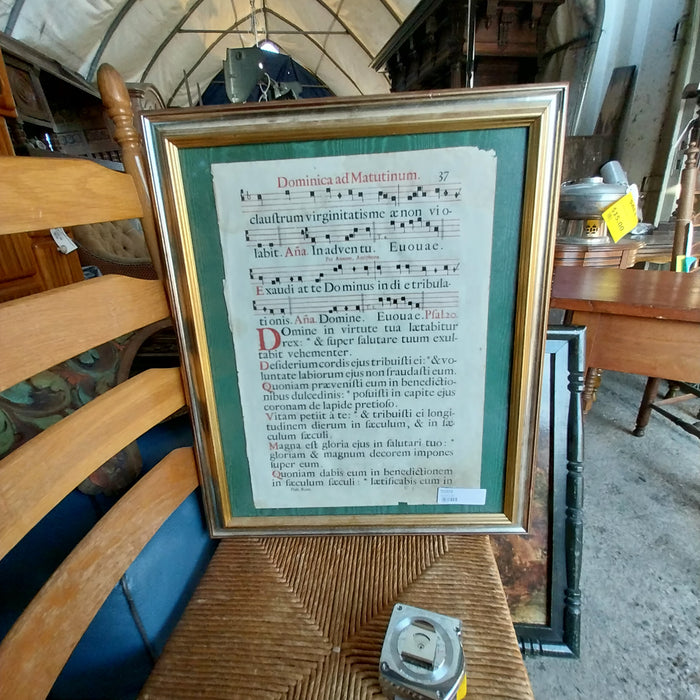 LARGE FRAMED PAGE FROM ANTIQUE MUSIC BOOK