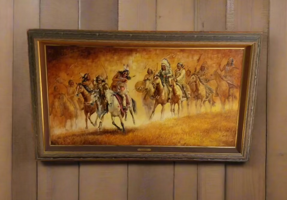 FRAMED OIL PAINTING ON CANVAS TITLED "WHEN CROW MEETS SIOUX" SIGNED PAT MCALLISTER 1986