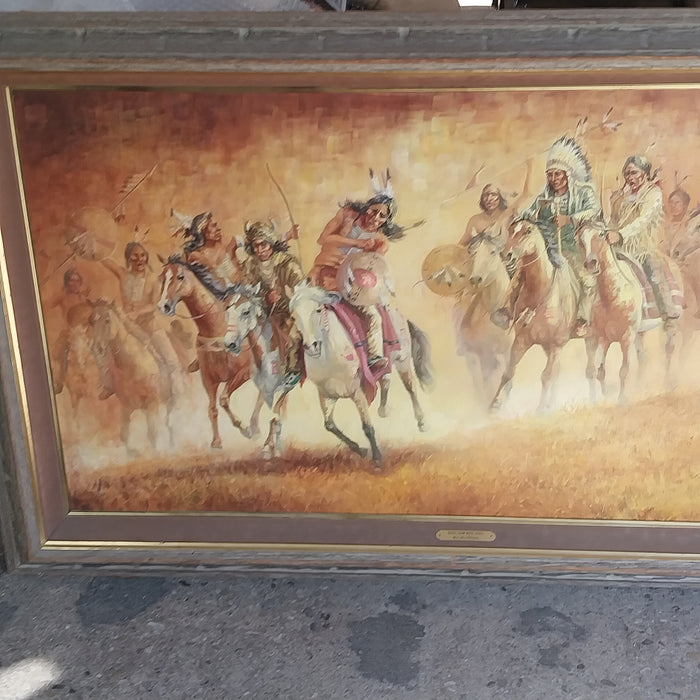 FRAMED OIL PAINTING ON CANVAS TITLED "WHEN CROW MEETS SIOUX" SIGNED PAT MCALLISTER 1986