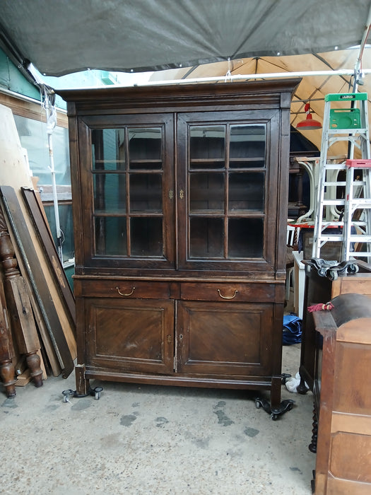 DARK OAK  PEGGED DISPLAY CABINET WITH MULLIONED GLASS DOORS