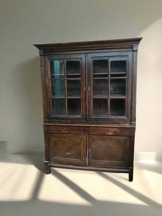 DARK OAK  PEGGED DISPLAY CABINET WITH MULLIONED GLASS DOORS