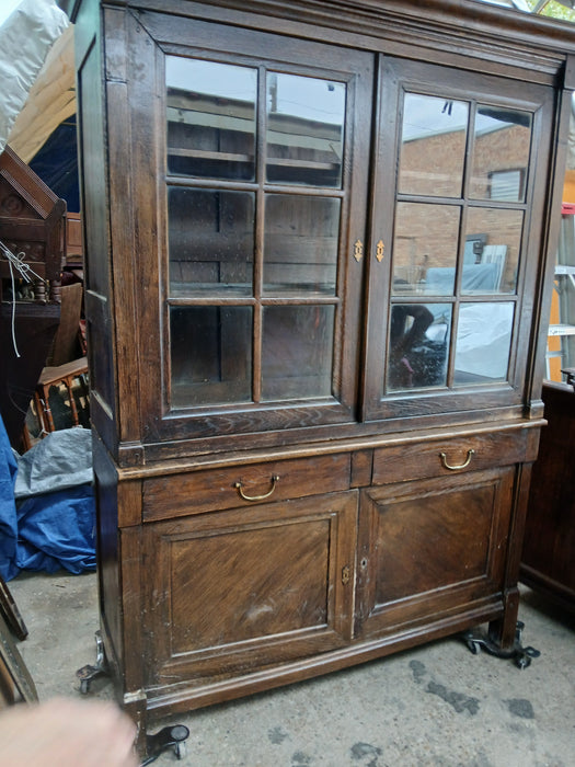 DARK OAK  PEGGED DISPLAY CABINET WITH MULLIONED GLASS DOORS