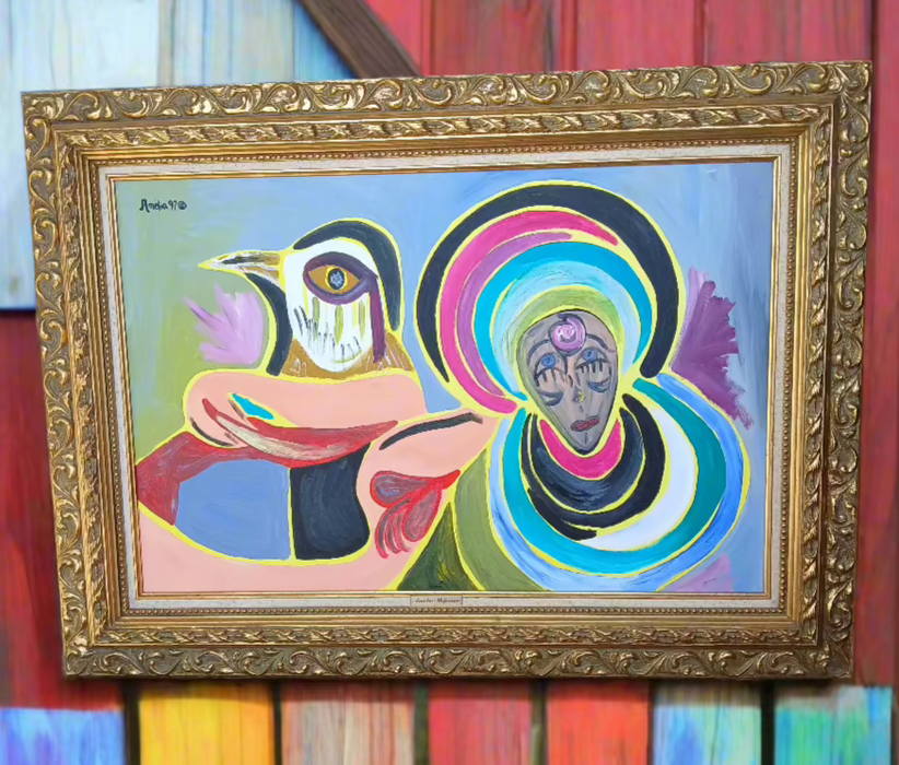 GOLD FRAMED BIRD AND BLUE LADY ABSTRACT OIL PAINTING ON CANVAS - SIGNED AMELIA SHIPMAN