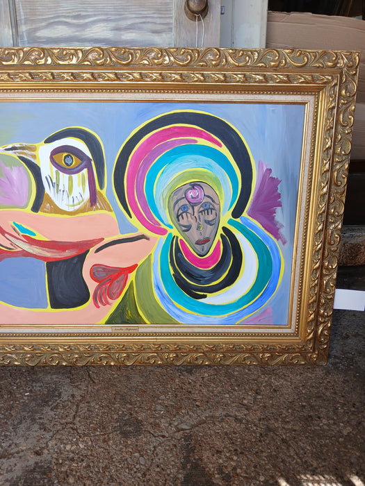 GOLD FRAMED BIRD AND BLUE LADY ABSTRACT OIL PAINTING ON CANVAS - SIGNED AMELIA SHIPMAN