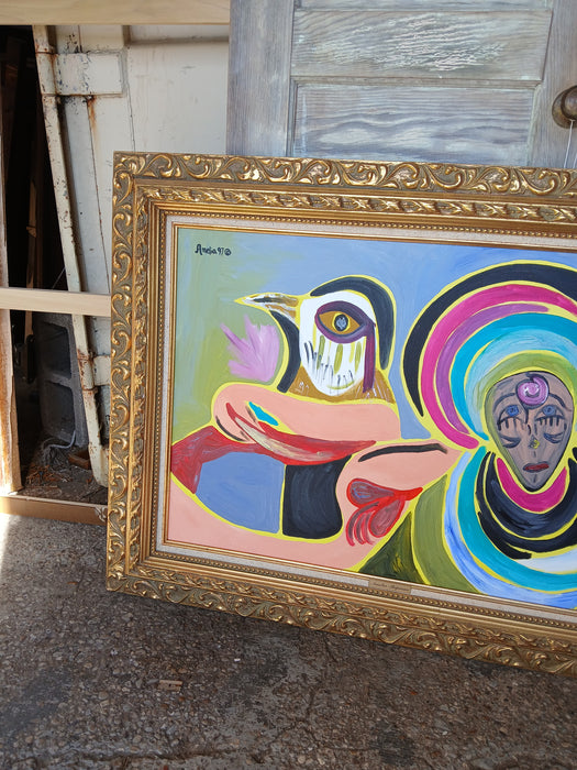 GOLD FRAMED BIRD AND BLUE LADY ABSTRACT OIL PAINTING ON CANVAS - SIGNED AMELIA SHIPMAN