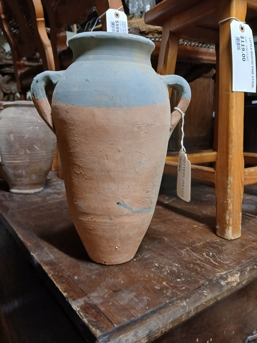 TALL PARTIAL GREEN PAINTED TERRA COTTA VASE WITH HANDLES