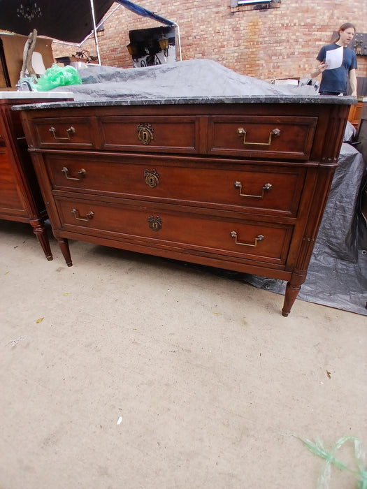 LOUIS XVI MAHOGANY MARBLE TOP 3 DRAWER CHEST WITH BALE PULLS