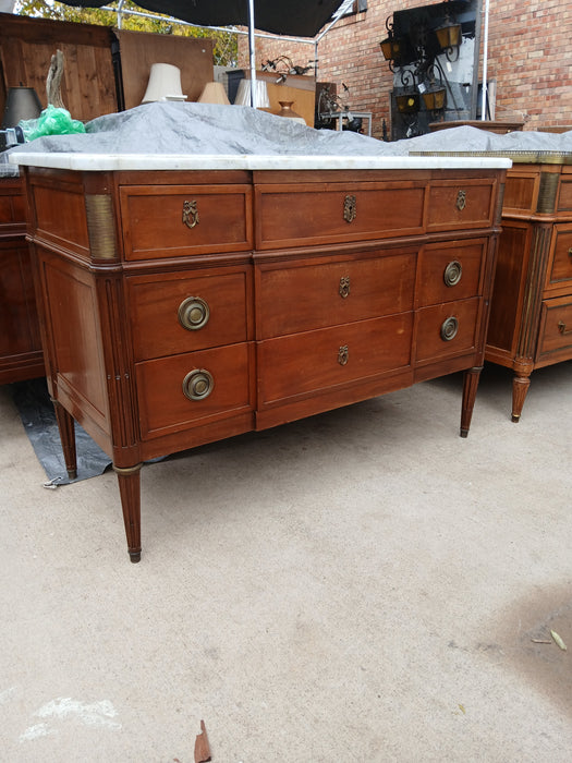 LOUIS XVI MAHOGANY MARBLE TOP 3 DRAWER CHEST WITH OVERHANG