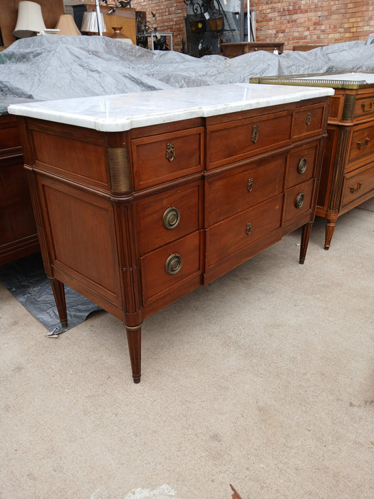 LOUIS XVI MAHOGANY MARBLE TOP 3 DRAWER CHEST WITH OVERHANG