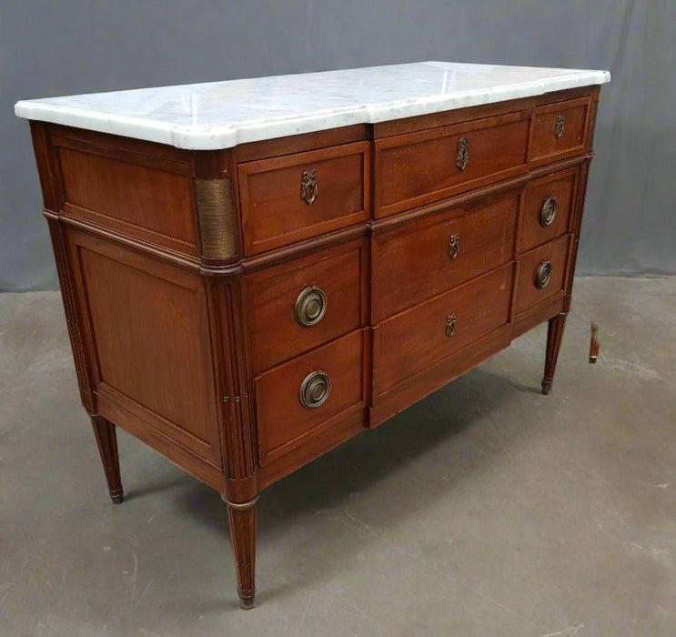 LOUIS XVI MAHOGANY MARBLE TOP 3 DRAWER CHEST WITH OVERHANG