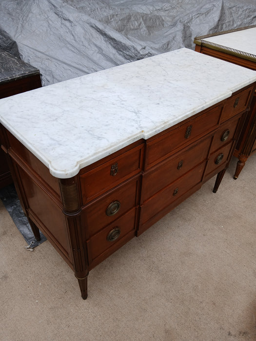 LOUIS XVI MAHOGANY MARBLE TOP 3 DRAWER CHEST WITH OVERHANG