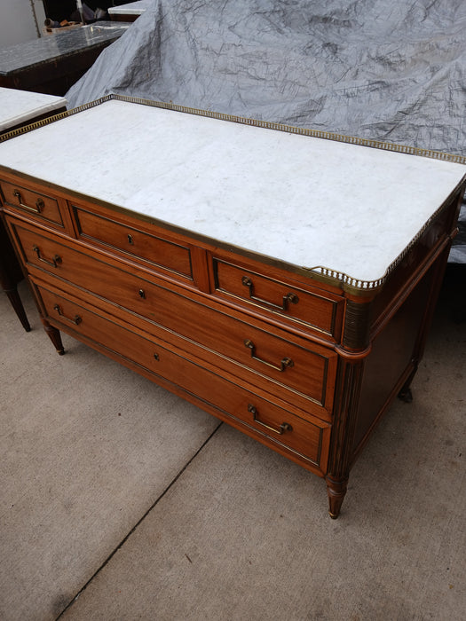 LOUIS XVI MAHOGANY 3 DRAWER CHETS WITH MARBLE TOP AND BRASS GALLERY RAIL AS FOUND