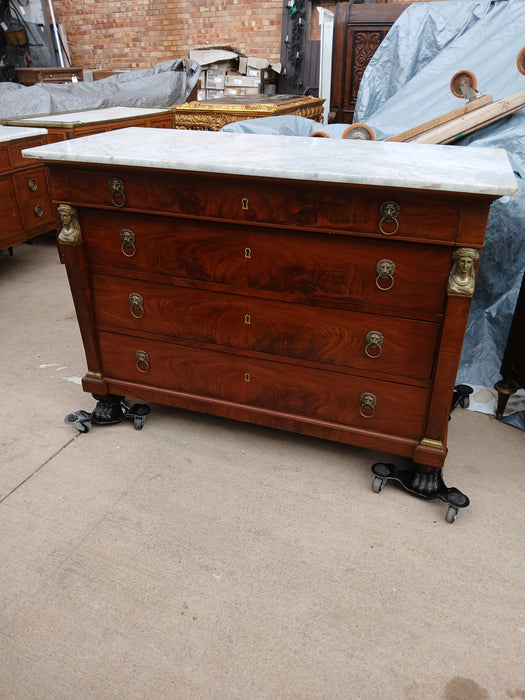 EMPIRE BURLED MAHOGANY 4 DRAWER CHEST WITH MARBLE TOP AND ORMOLU LADY HEADS