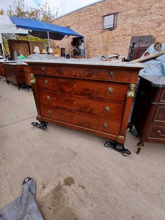 EMPIRE BURLED MAHOGANY 4 DRAWER CHEST WITH MARBLE TOP AND ORMOLU LADY HEADS