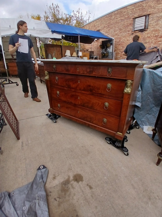 EMPIRE BURLED MAHOGANY 4 DRAWER CHEST WITH MARBLE TOP AND ORMOLU LADY HEADS