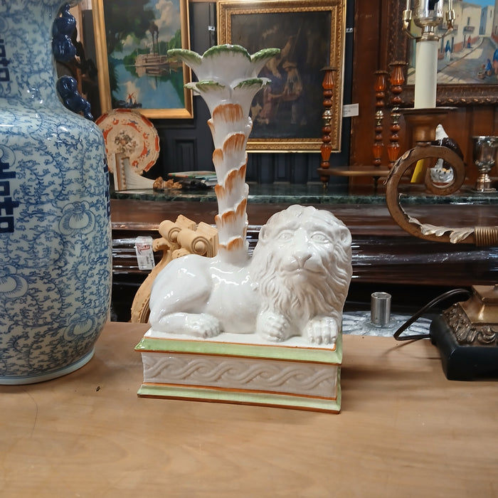 ITALIAN MAJOLICA LION AND PALM TREE CANDLE HOLDER