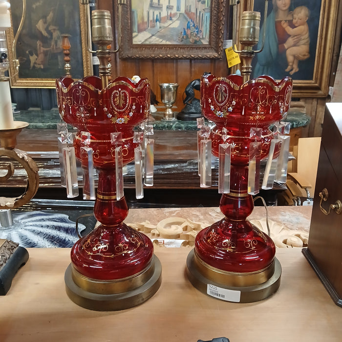 PAIR OF RUBY GLASS LUSTER LAMPS