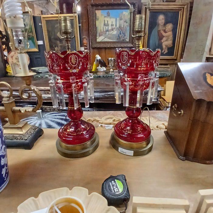 PAIR OF RUBY GLASS LUSTER LAMPS