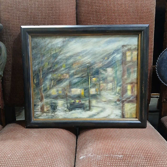 FRAMED IMPRESSIONIST URBAN SNOWSCAPE OIL PAINTING  SIGNED RUTH K BARG