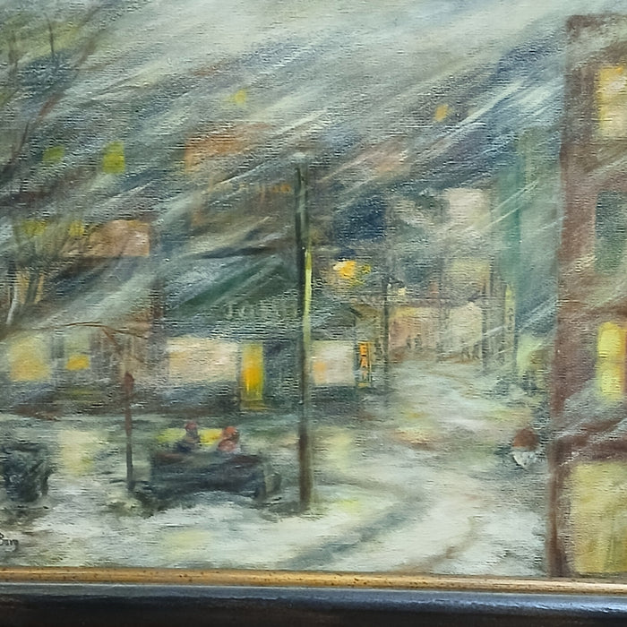 FRAMED IMPRESSIONIST URBAN SNOWSCAPE OIL PAINTING  SIGNED RUTH K BARG