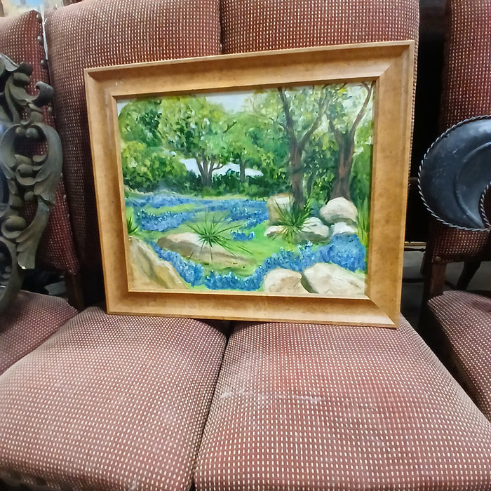 BURLED FRAME BLUEBONNET OIL PAINTING