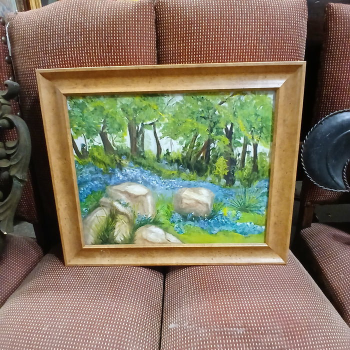 BURLED FRAME BLUEBONNET OIL PAINTING