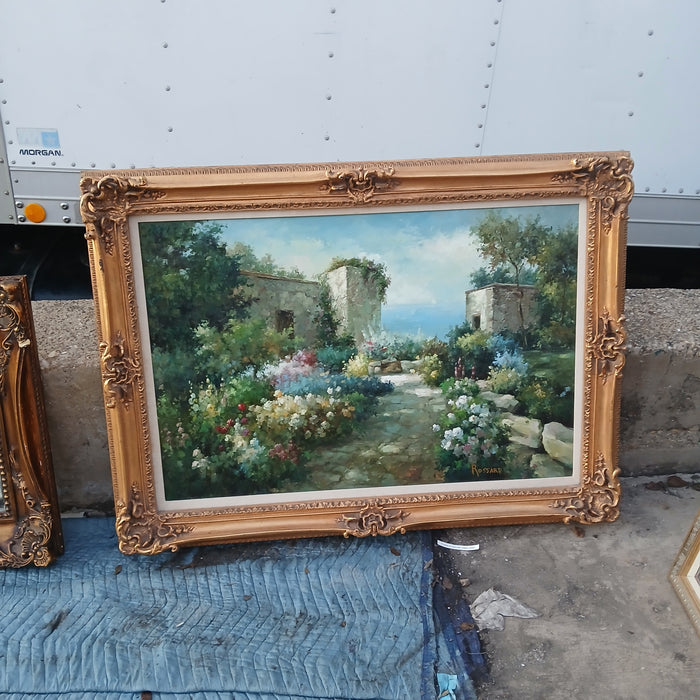 LARGE FRAMED OIL PAINTING OF A GARDEN