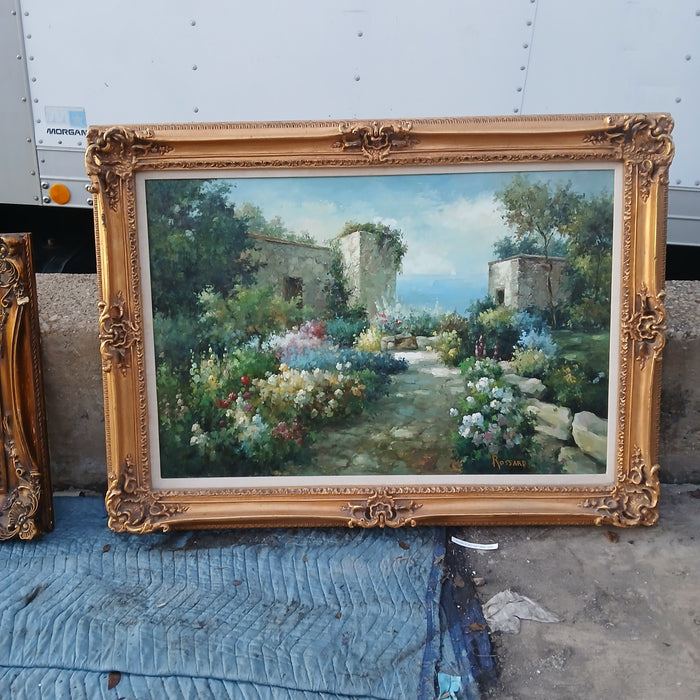 LARGE FRAMED OIL PAINTING OF A GARDEN