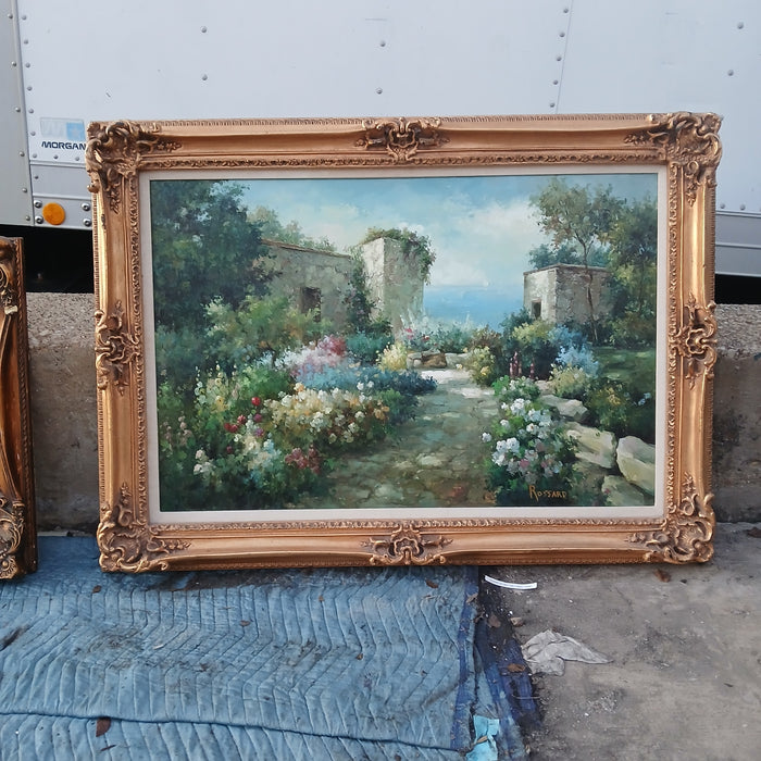 LARGE FRAMED OIL PAINTING OF A GARDEN