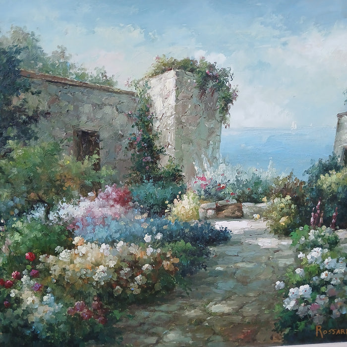 LARGE FRAMED OIL PAINTING OF A GARDEN