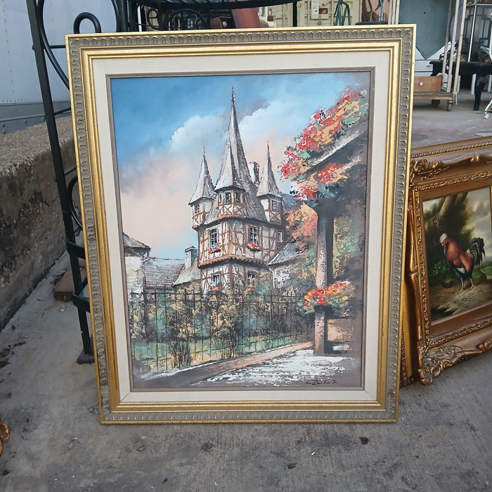 FRAMED GERMAN COLORFUL OIL PAINTING OF A HOUSE