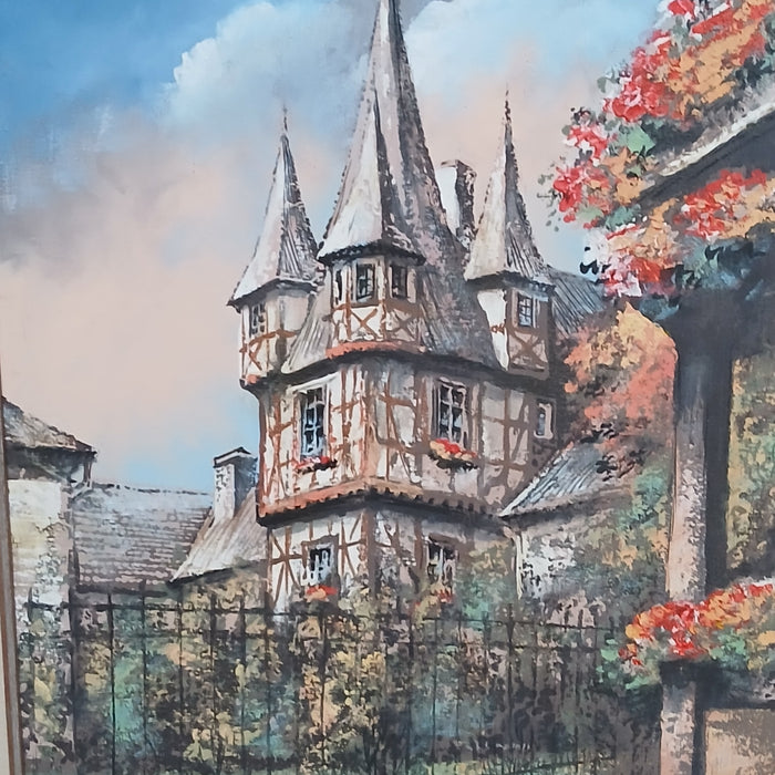 FRAMED GERMAN COLORFUL OIL PAINTING OF A HOUSE