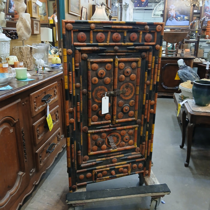 COLORFUL INDIAN WALL CABINET PAINTED ORANGE, YELLOW AND BLACK