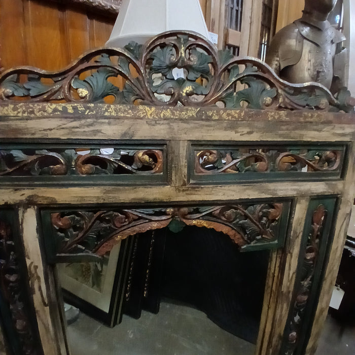 LARGE POLYCHROME CARVED ASIAN MIRROR