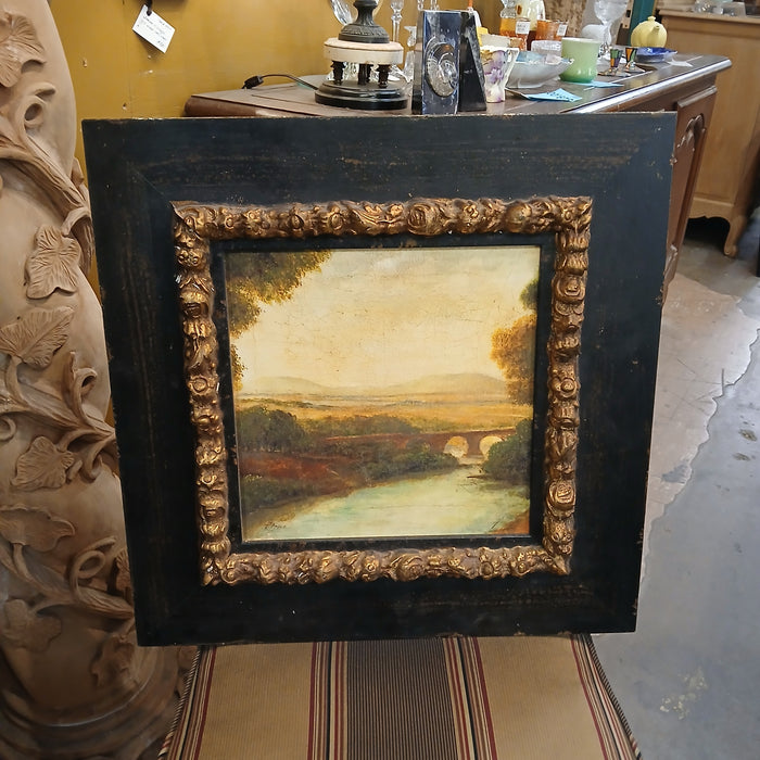 BLACK FRAMED OIL PAINTING LANDSCAPE WITH BRIDGE  IN BLACK FRAME